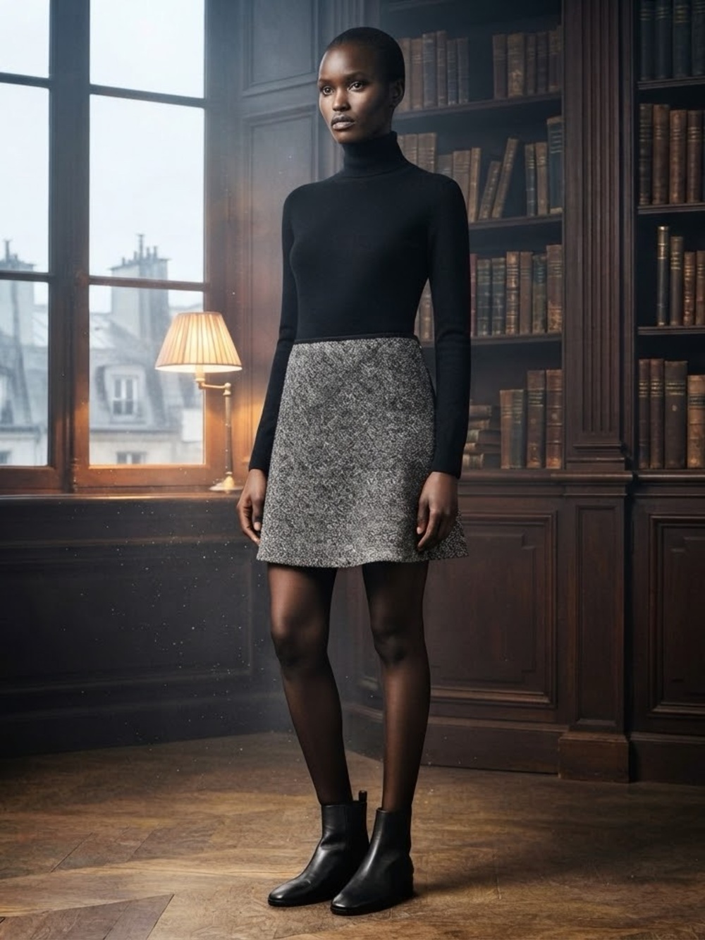 Women's Black and White Tweed A-Line Mini Skirt - Classic Neutral
